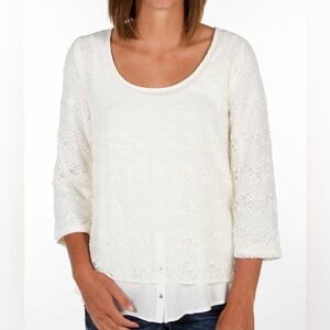 Daytrip Lace Overlay Top, medium, Back keyhole uneven hem top